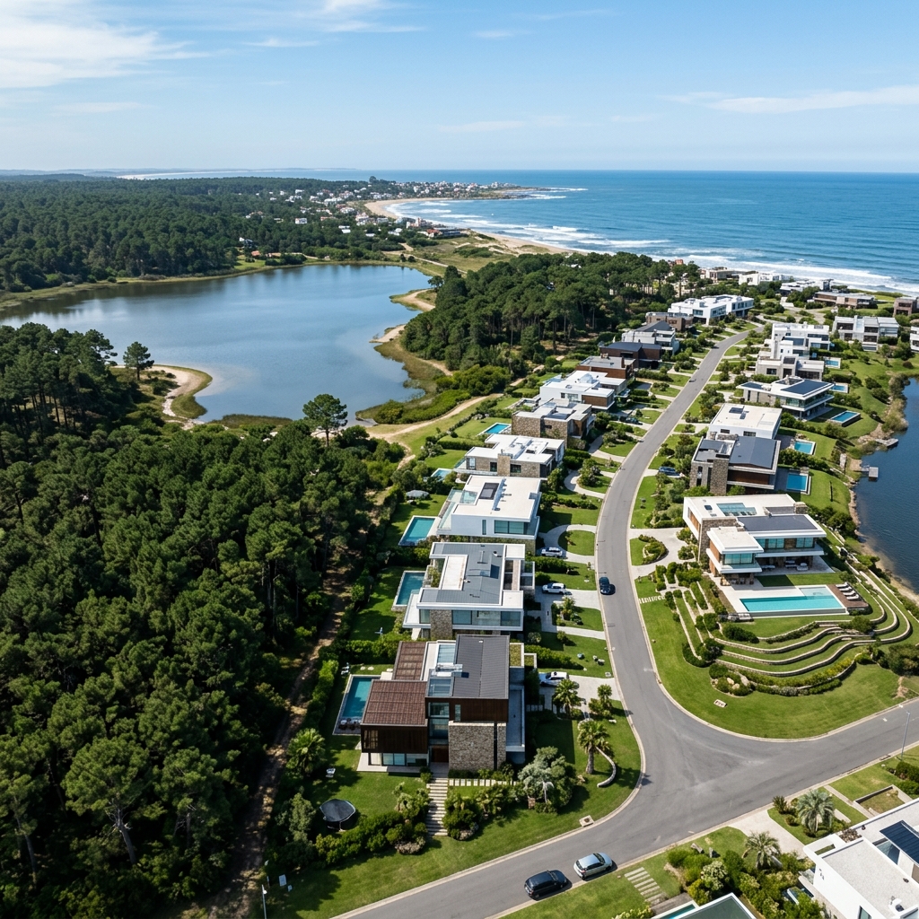 Vista aérea de barrios privados y condominios en Uruguay