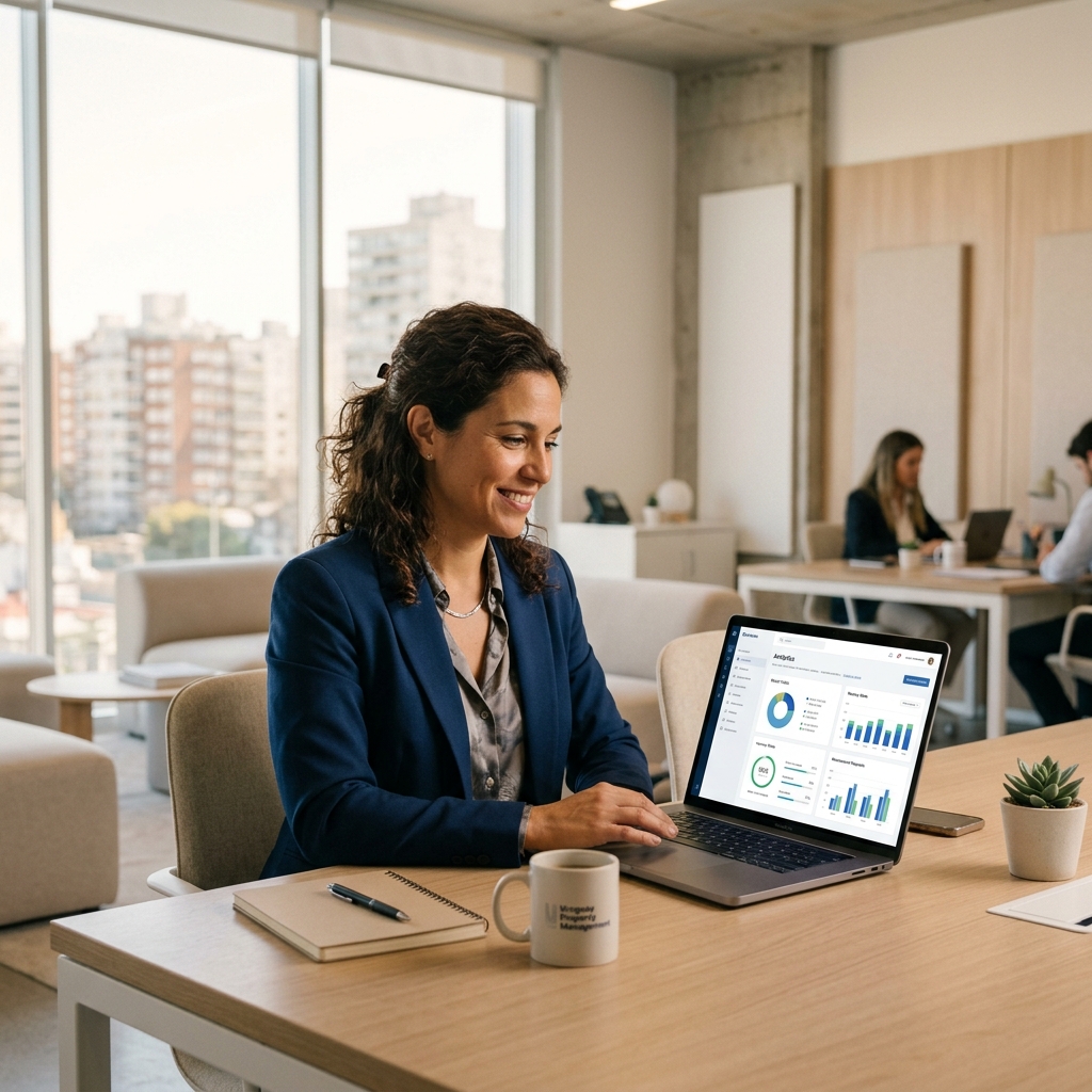 Administradora gestionando cartera con tranquilidad y dashboards de IA