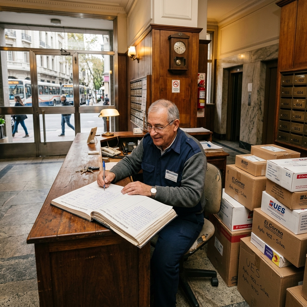 Portero anotando en libreta en la recepción